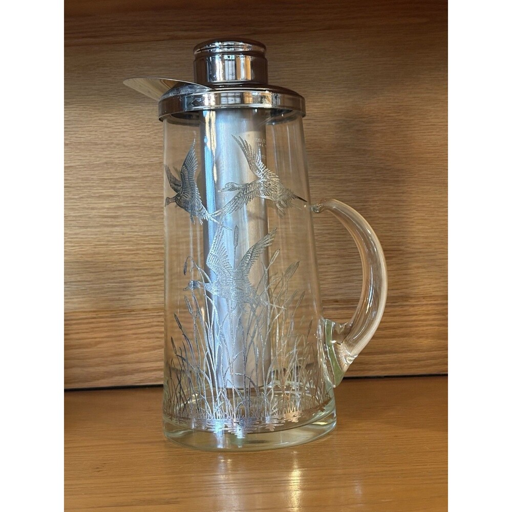 Vintage Mid-Century Modern Cold Duck Chilling Pitcher Silver Mirror Duck Overlay